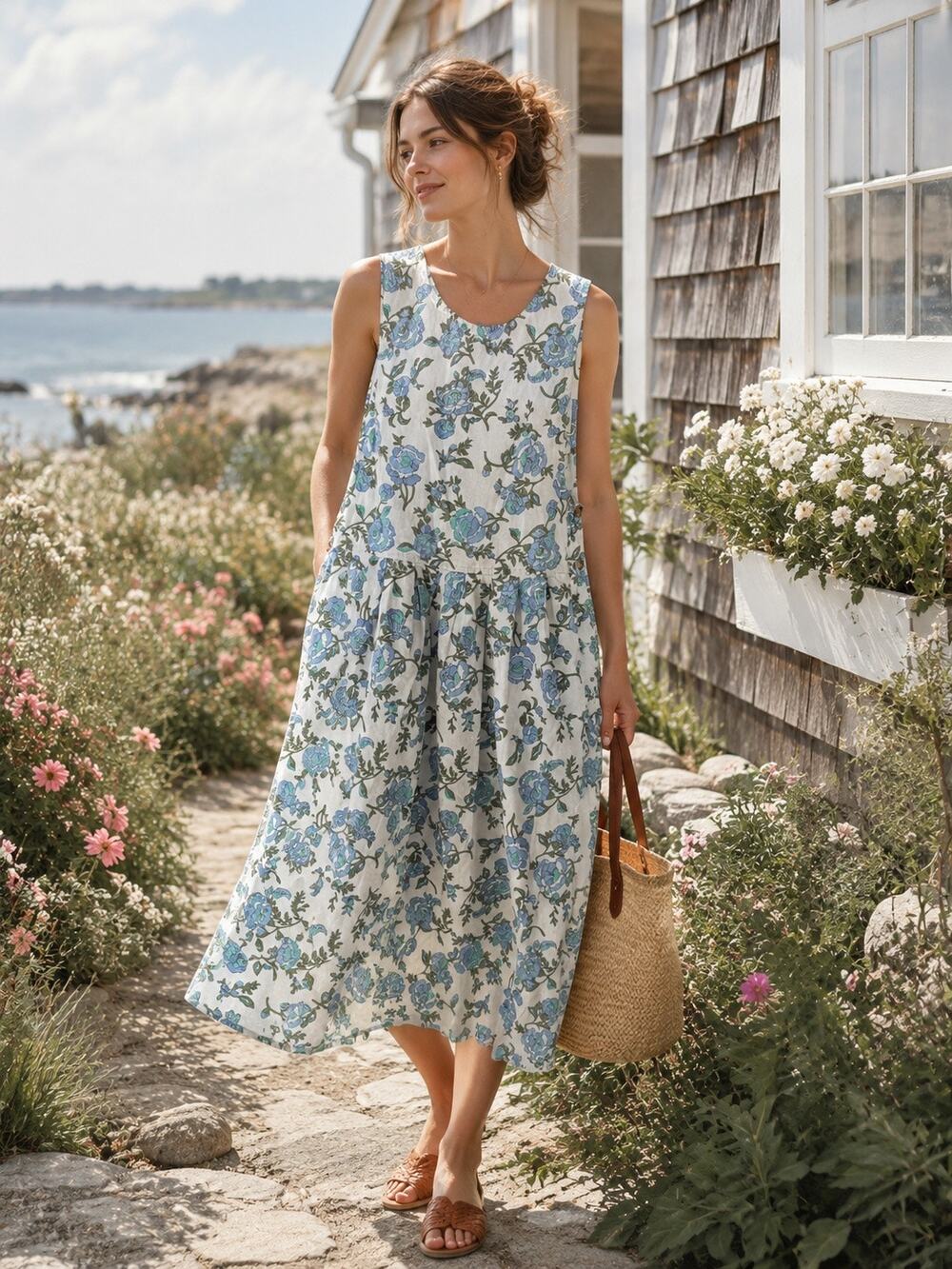 Vintage Pierre Cardin Cotton Floral Midi Dress XL Cottagecore Coastal Resort